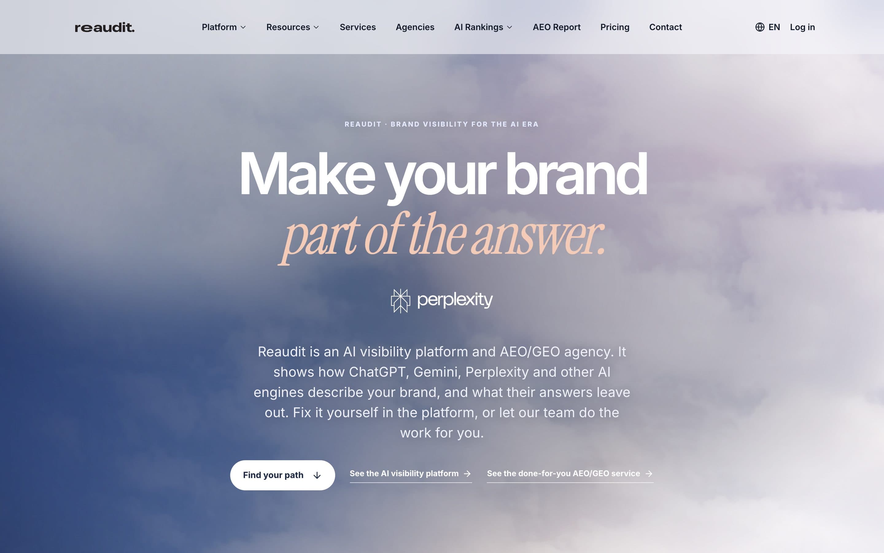 The reaudit.io homepage: Make your brand part of the answer.