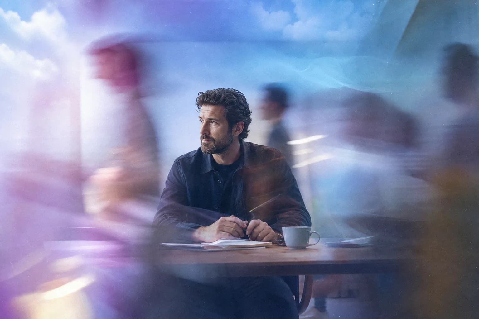 Strategist at work as colleagues move through a blue-lit studio