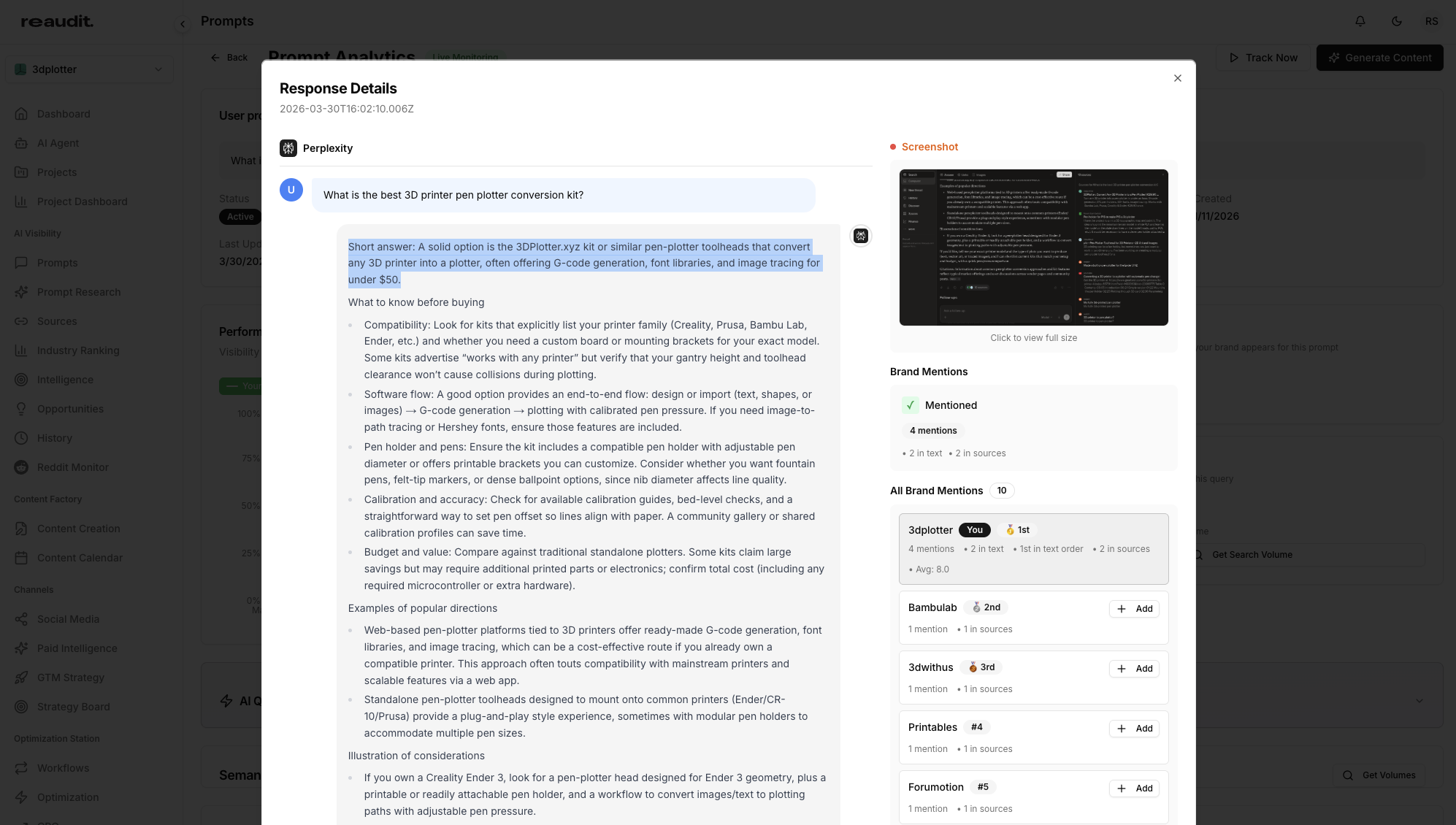 Perplexity AI response showing 3dplotter.xyz as the top recommendation for best 3D printer pen plotter conversion kit